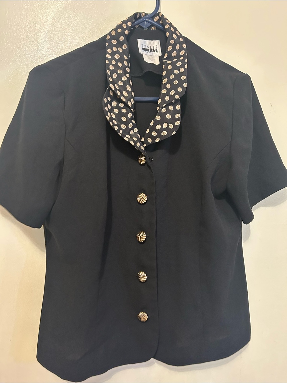 Leslie Fay Black Short-Sleeve Button-Front Jacket with Polka Dot Collar Sz 10